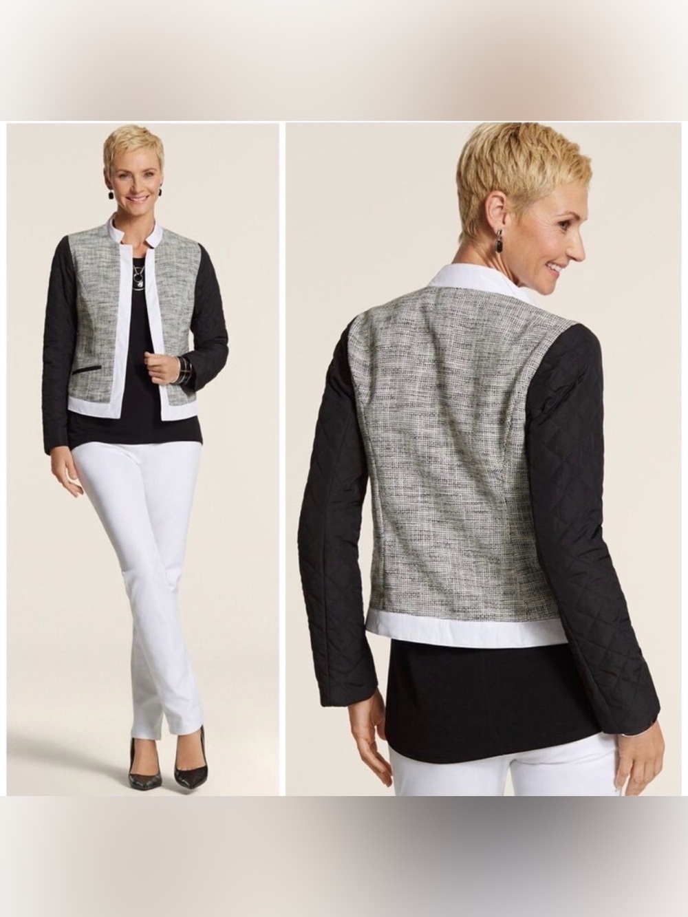 NWT $129 Chico’s Quilted Mixed Tweed Patterned Jacket Black 1 Medium/8 Linen